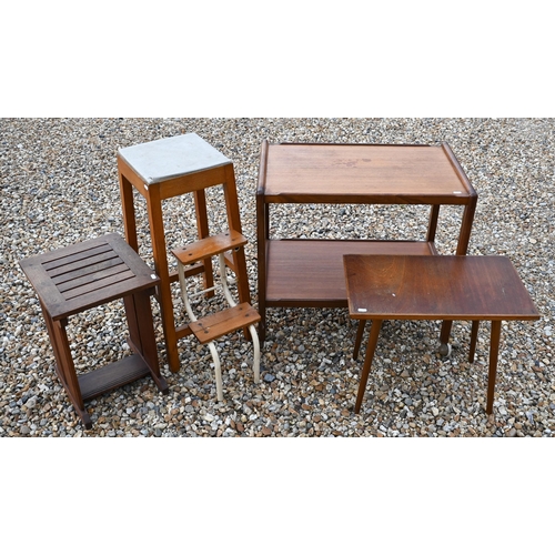 391 - #A mid-century teak two tier serving trolley, to/w an occasional table, a coffee table and a folding... 