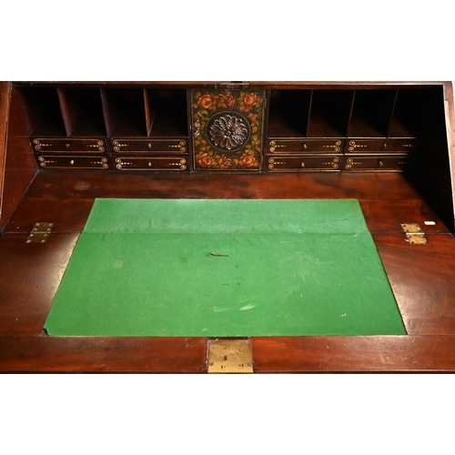 401 - A George III mahogany bureau with fitted interior over four long graduated drawers on shaped bracket... 