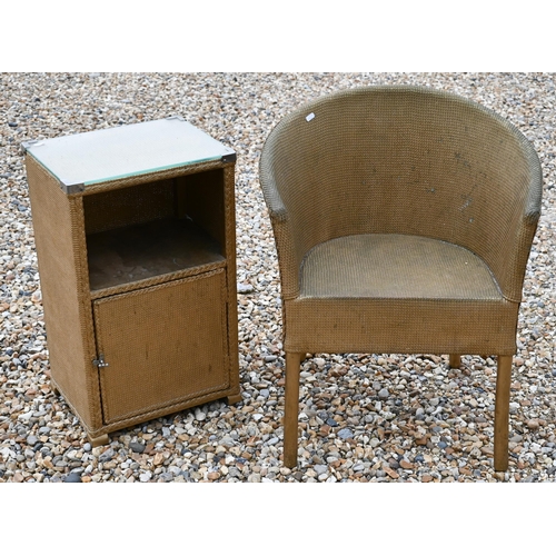 405 - #A vintage Lloyd Loom style gold bedside cabinet to/w a matching tub chair (2)