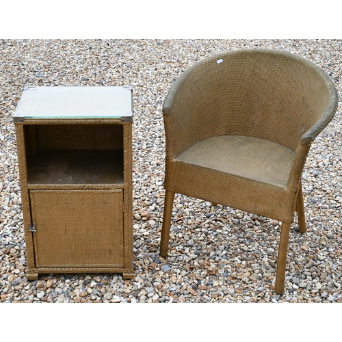 405 - #A vintage Lloyd Loom style gold bedside cabinet to/w a matching tub chair (2)