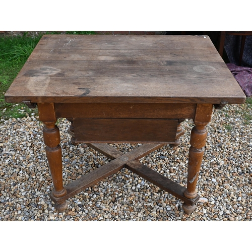 409 - A country oak kitchen table with under drawer on turned legs united by a cross stretcher, 105 x 86 x... 