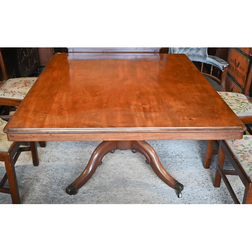 412 - A Victorian mahogany breakfast table, the rectangular tilt top raised on a turned support to four le... 