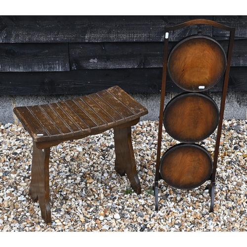 424 - A mahogany three tier cake stand to/w oak stool with shaped slatted seat (2)