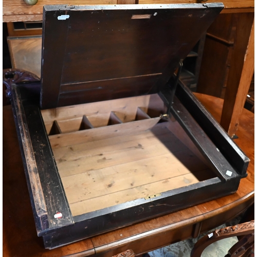 433 - An old stained pine table top slope top writing desk, 79 x 65 x 31 cm h max