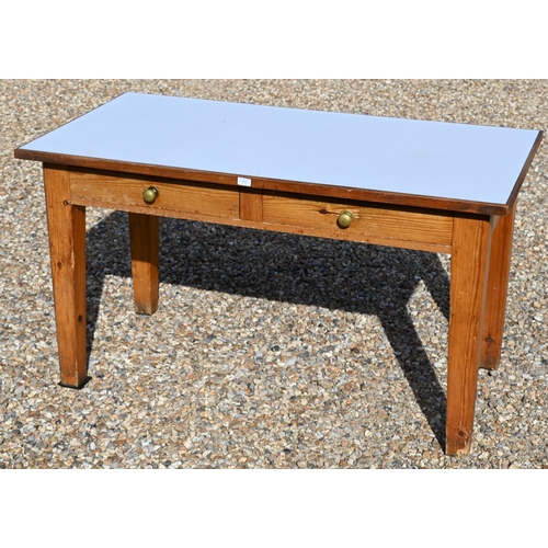 434 - Vintage stained pine pantry table with melamine top and two frieze drawers, 146 cm x 76 cm d x 80 cm... 