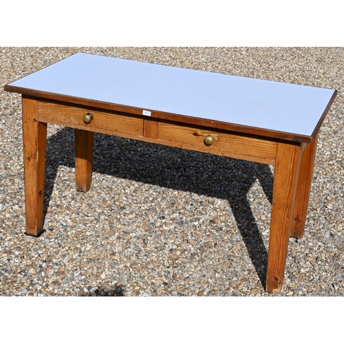 434 - Vintage stained pine pantry table with melamine top and two frieze drawers, 146 cm x 76 cm d x 80 cm... 