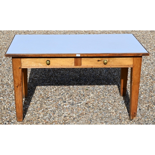 434 - Vintage stained pine pantry table with melamine top and two frieze drawers, 146 cm x 76 cm d x 80 cm... 