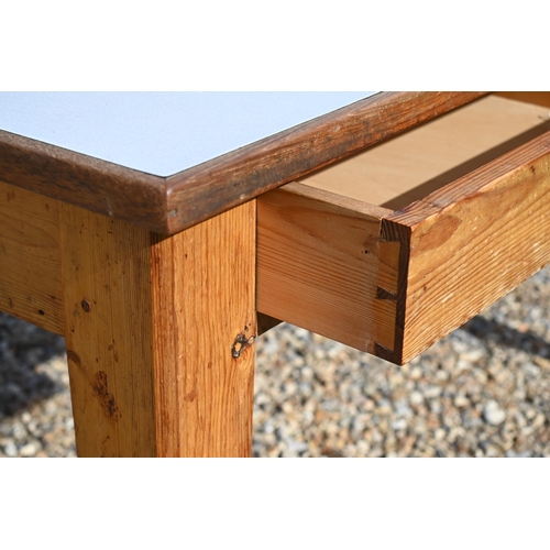 434 - Vintage stained pine pantry table with melamine top and two frieze drawers, 146 cm x 76 cm d x 80 cm... 