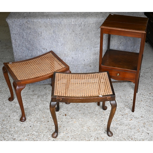 439 - Two cane panelled stools to/w a Victorian mahogany night stand (3)