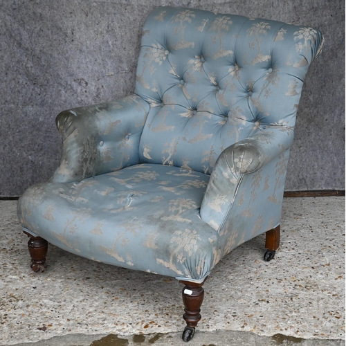 455 - A Victorian button backed low armchair to/w a high backed blue upholstered chair (2)