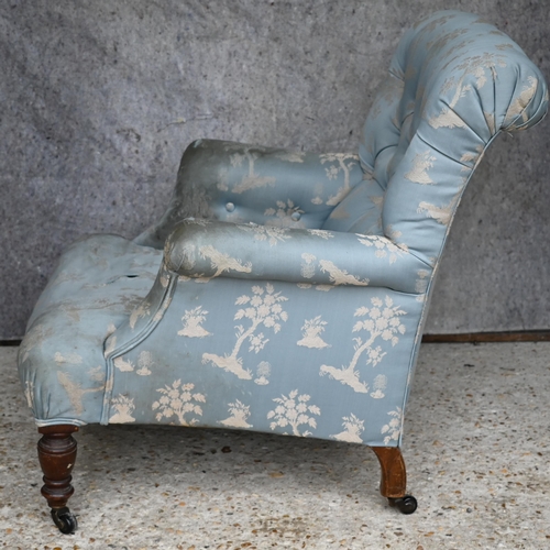 455 - A Victorian button backed low armchair to/w a high backed blue upholstered chair (2)