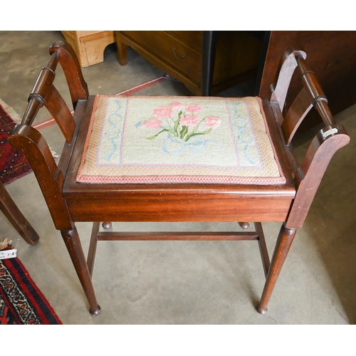 456 - #Edwardian mahogany piano stool with embroidered seat, 65 cm high x 56 cn x 33 cm diam