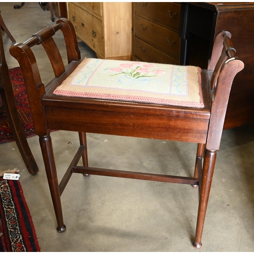 456 - #Edwardian mahogany piano stool with embroidered seat, 65 cm high x 56 cn x 33 cm diam