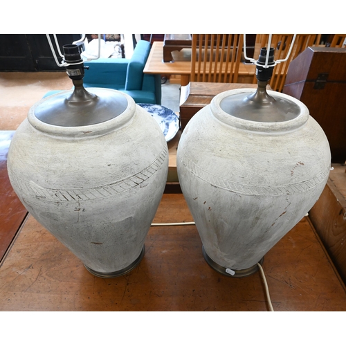 457 - Pair of terracotta painted lamps with metal base and fittings to/w shade, 52 cm high x 32 cm wide (2... 