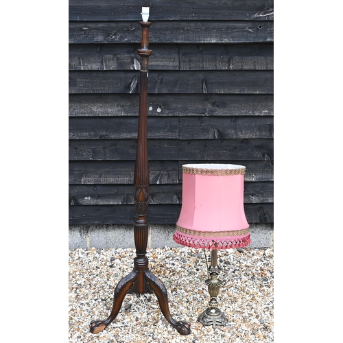 458 - A Chippendale style standard lamp with tripod legs and claw feet, 168 cm high to/w brass table lamp,... 