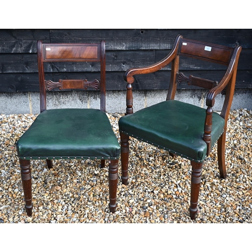 460 - A set of eight Regency style bar back dining chairs with sabre legs and green vinyl upholstery (1 ca... 