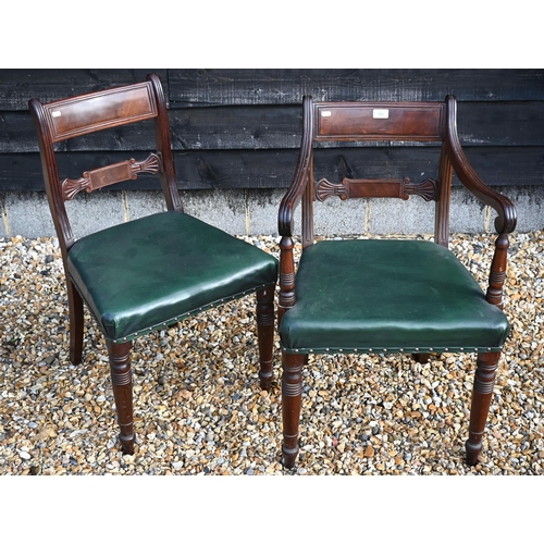 460 - A set of eight Regency style bar back dining chairs with sabre legs and green vinyl upholstery (1 ca... 