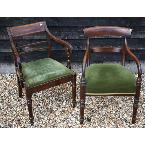 464 - Two inlaid Georgian carver chairs with trafalgar back, and green upholstery, raised on turned suppor... 