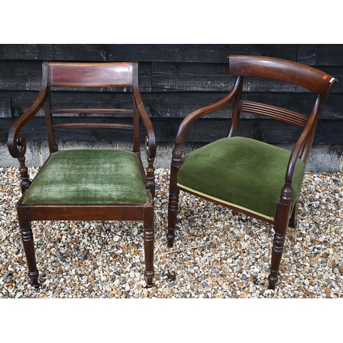 464 - Two inlaid Georgian carver chairs with trafalgar back, and green upholstery, raised on turned suppor... 