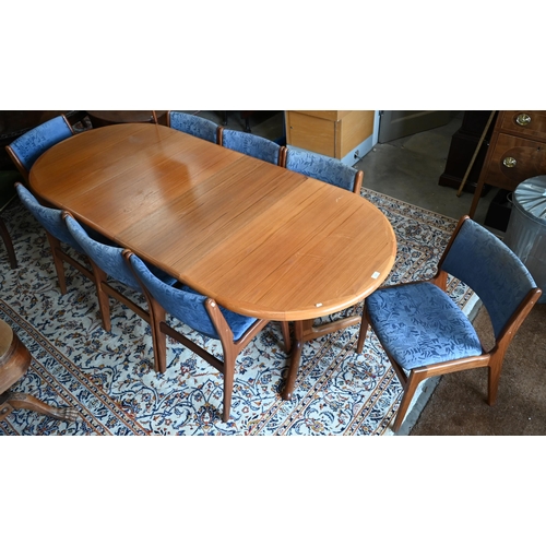 466 - A mid century Danish teak dining table with two leaves, 226 cm long x 94 cm wide x 70 cm high to/w e... 