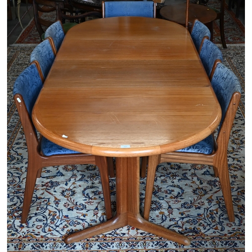 466 - A mid century Danish teak dining table with two leaves, 226 cm long x 94 cm wide x 70 cm high to/w e... 