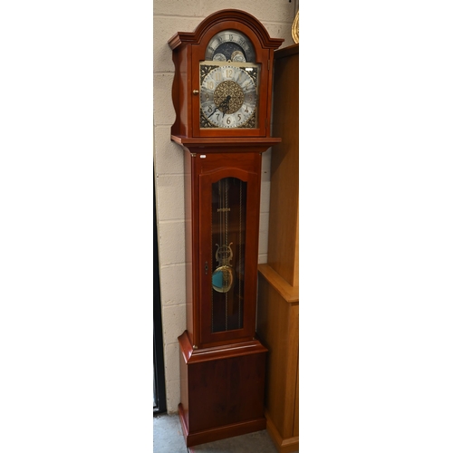 474 - A reproduction longcase clock, with silvered dial and moonphase arch with glazed case and bi-metal l... 