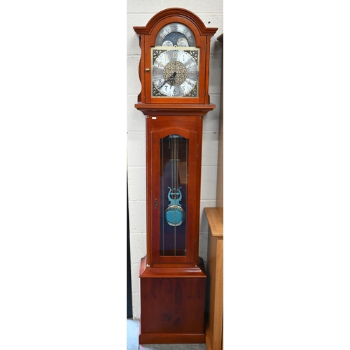 474 - A reproduction longcase clock, with silvered dial and moonphase arch with glazed case and bi-metal l... 