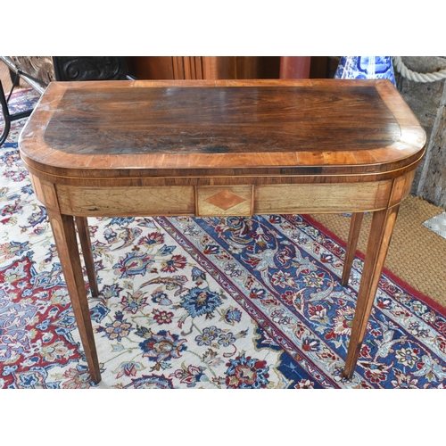 488 - A 19th century rosewood and satin banded card table with folding scarlet felt lined top raised on sq... 