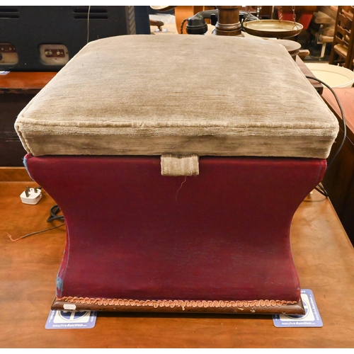 489 - A square ottoman with purple lining and grey lid, raised on casters, 49.5 x 49.5 x 42 cm high a/f