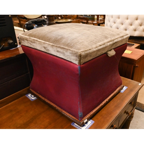 489 - A square ottoman with purple lining and grey lid, raised on casters, 49.5 x 49.5 x 42 cm high a/f