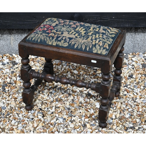 492 - Small oak turned footstool with tapestry pad