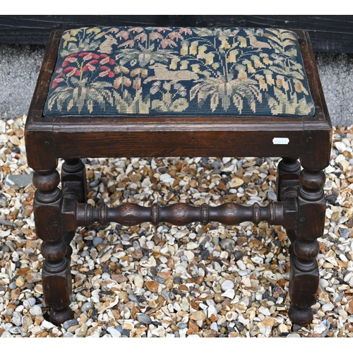 492 - Small oak turned footstool with tapestry pad