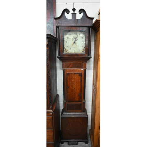 494 - A late Georgian oak and mahogany longcase clock, the thirty hour movement by James Brown of Nuneaton... 