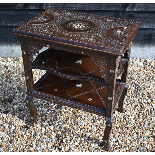 496 - Islamic carved wood three-tier occasional table on cabriole supports, 65 x 46 cm