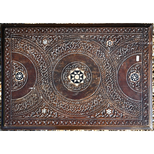 496 - Islamic carved wood three-tier occasional table on cabriole supports, 65 x 46 cm