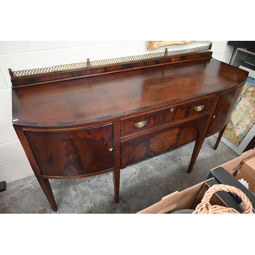 497 - Edwardian mahogany and crossbanded bowfront large sideboard with brass gallery back above two centra... 