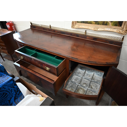 497 - Edwardian mahogany and crossbanded bowfront large sideboard with brass gallery back above two centra... 