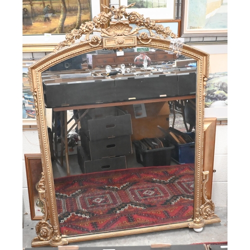 498 - Victorian gilt gesso-framed overmantle mirror with floral and shell crest, arched top and scrolling ... 