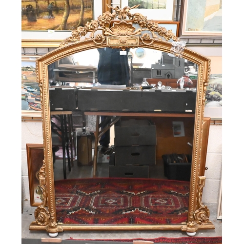 498 - Victorian gilt gesso-framed overmantle mirror with floral and shell crest, arched top and scrolling ... 