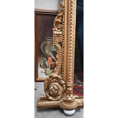 498 - Victorian gilt gesso-framed overmantle mirror with floral and shell crest, arched top and scrolling ... 