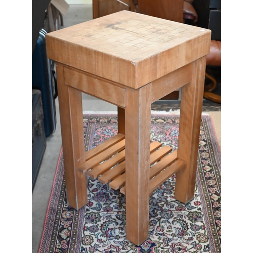 510 - Butcher's block on base with drawer and slatted undertier, 46 cm square