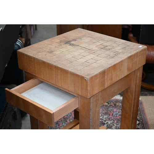 510 - Butcher's block on base with drawer and slatted undertier, 46 cm square