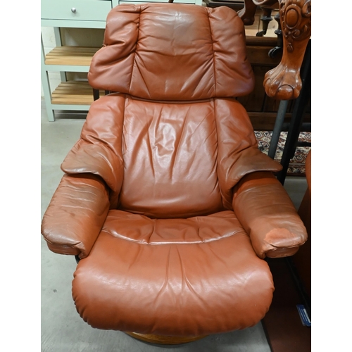 516 - An Ekornes Stressless tan leather suite comprising two seater sofa, pair of reclining armchairs and ... 