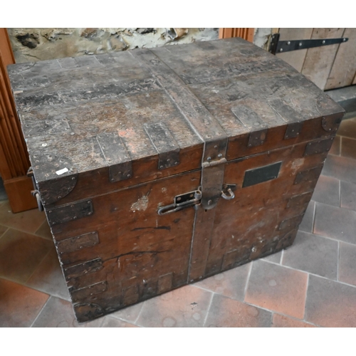 75 - An antique steel bound oak silver chest