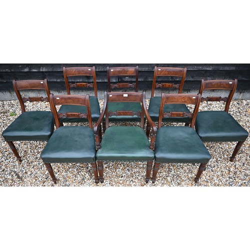 460 - A set of eight Regency style bar back dining chairs with sabre legs and green vinyl upholstery (1 ca... 