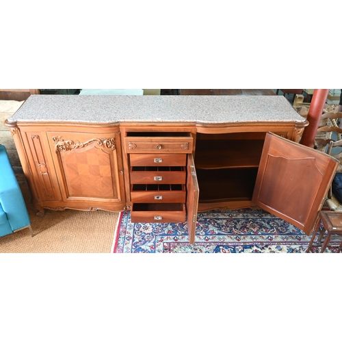 360 - A large French cherrywood and kingwood marble top salon sideboard, 250 x 64 x 106 cm h