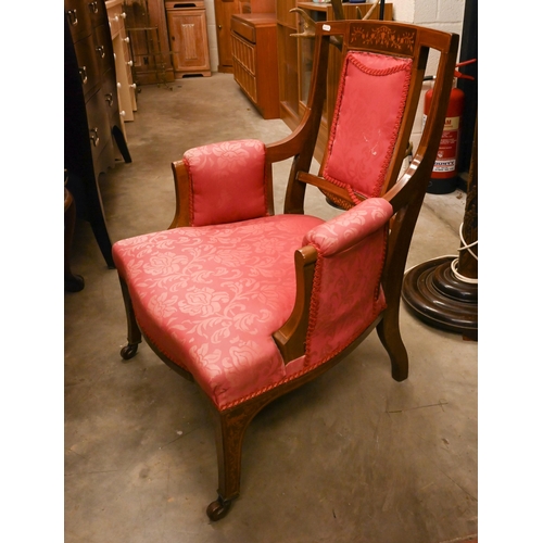 252 - Edwardian inlaid mahogany parlour chair with floral marquetry and red brocade upholstery