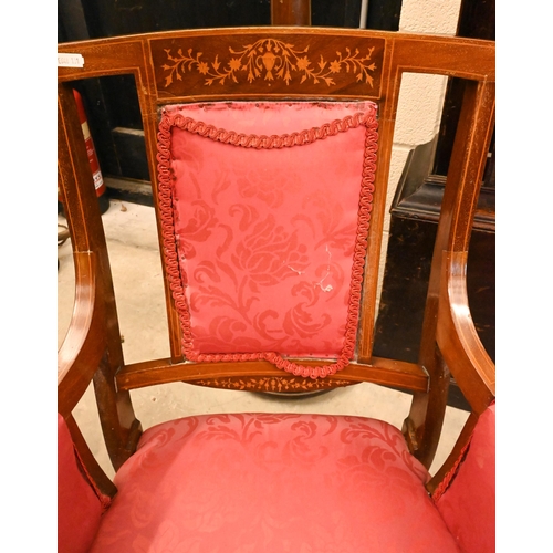 252 - Edwardian inlaid mahogany parlour chair with floral marquetry and red brocade upholstery