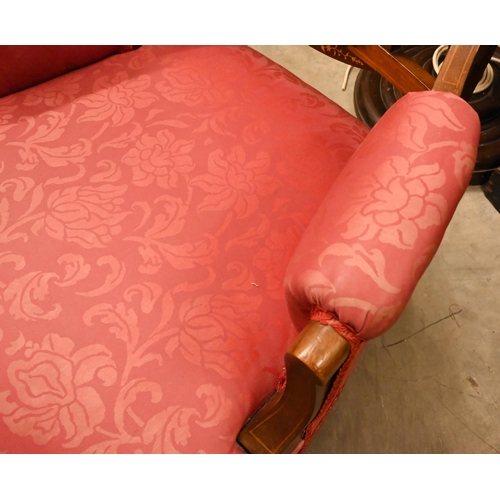 252 - Edwardian inlaid mahogany parlour chair with floral marquetry and red brocade upholstery