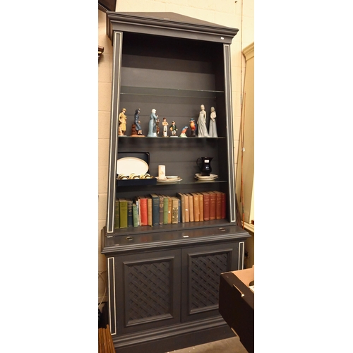 230 - A large slate grey painted display cabinet/dresser with cream mouldings, the tapering oepn top secti... 